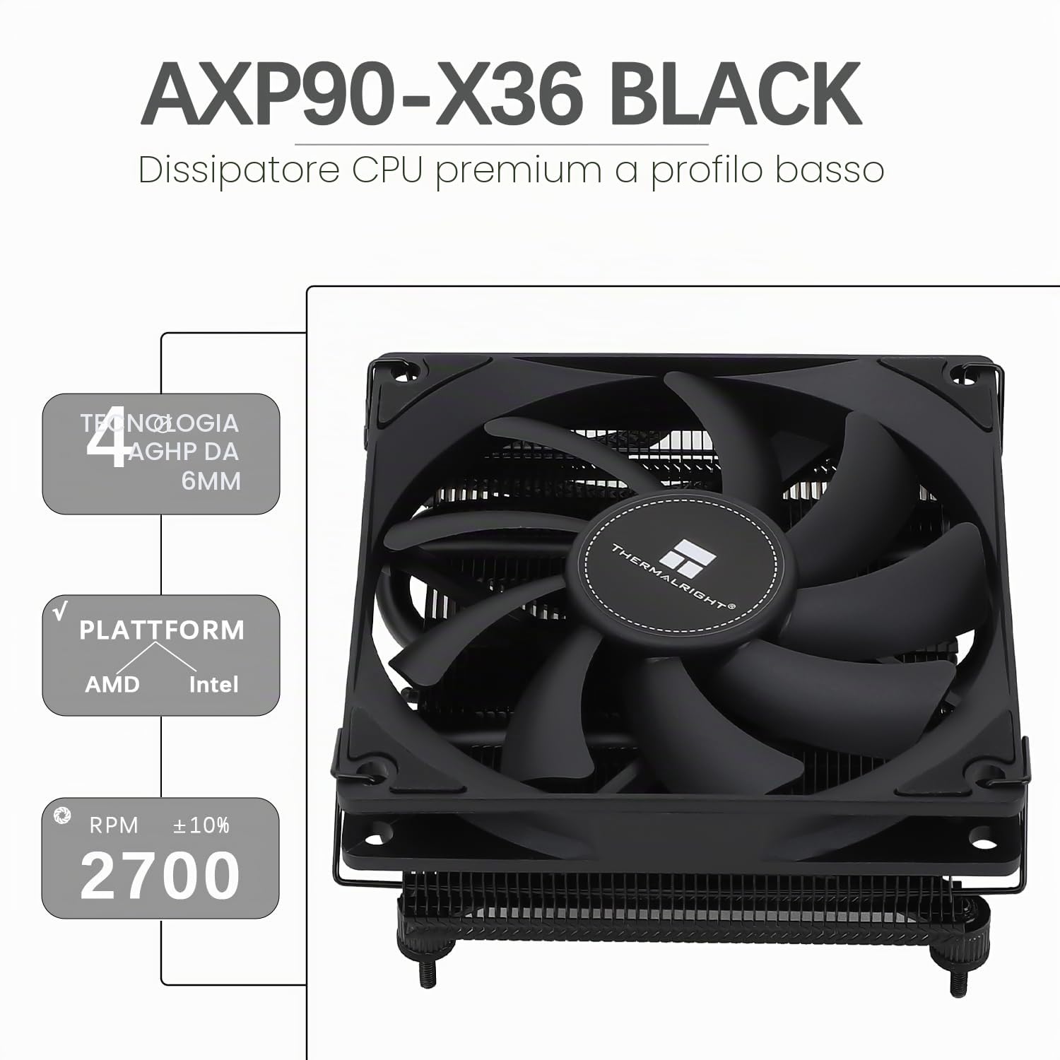 TR-Thermalright AXP90 X36 Black CPU-Kühler - 4 heatpipes, silenzioso 92 mm basso profilo ventilatore - 2 700 RPM, per AMD AM4/AM5, Intel LGA1851/1700/115x/1200, basso profilo ITX, PC, Kühler - Nero