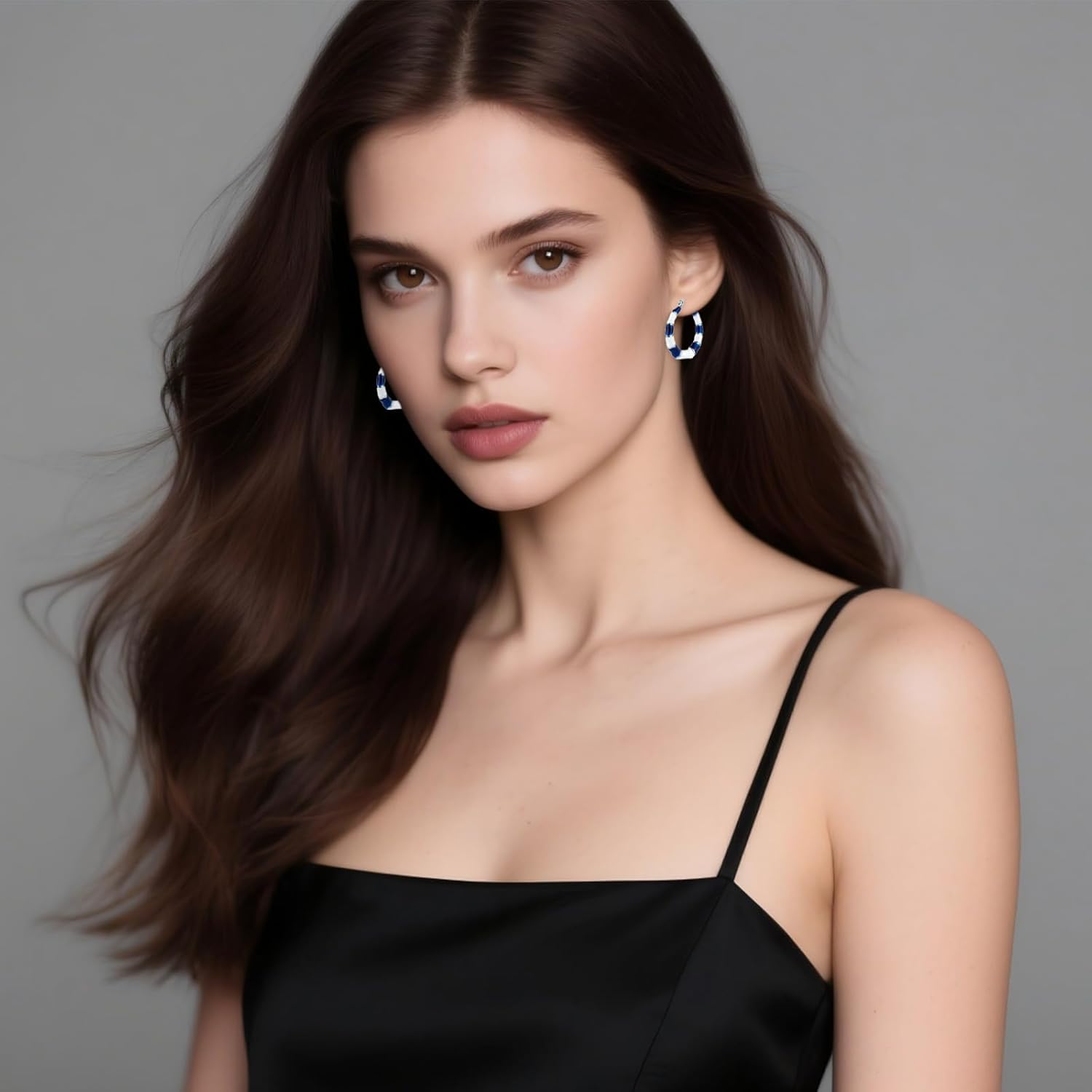 Chunky Enamel Hoop Earrings for Women 18K Gold Plated Bamboo Checkered Huggie Earrings Enamel Jewelry Gift for Her