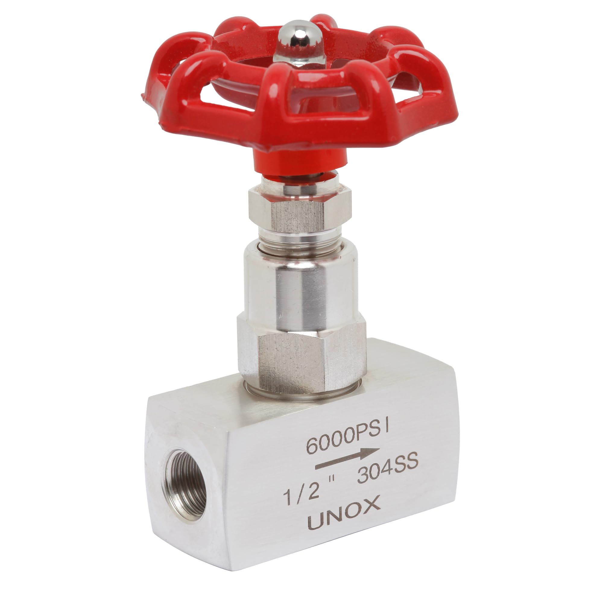 Unox Válvula de aguja de acero inoxidable 304 de 1,27 cm para válvula de control de flujo de aguja de líquido y gas, 6000 PSI, válvula industrial duradera para aceite, gas y productos químicos,