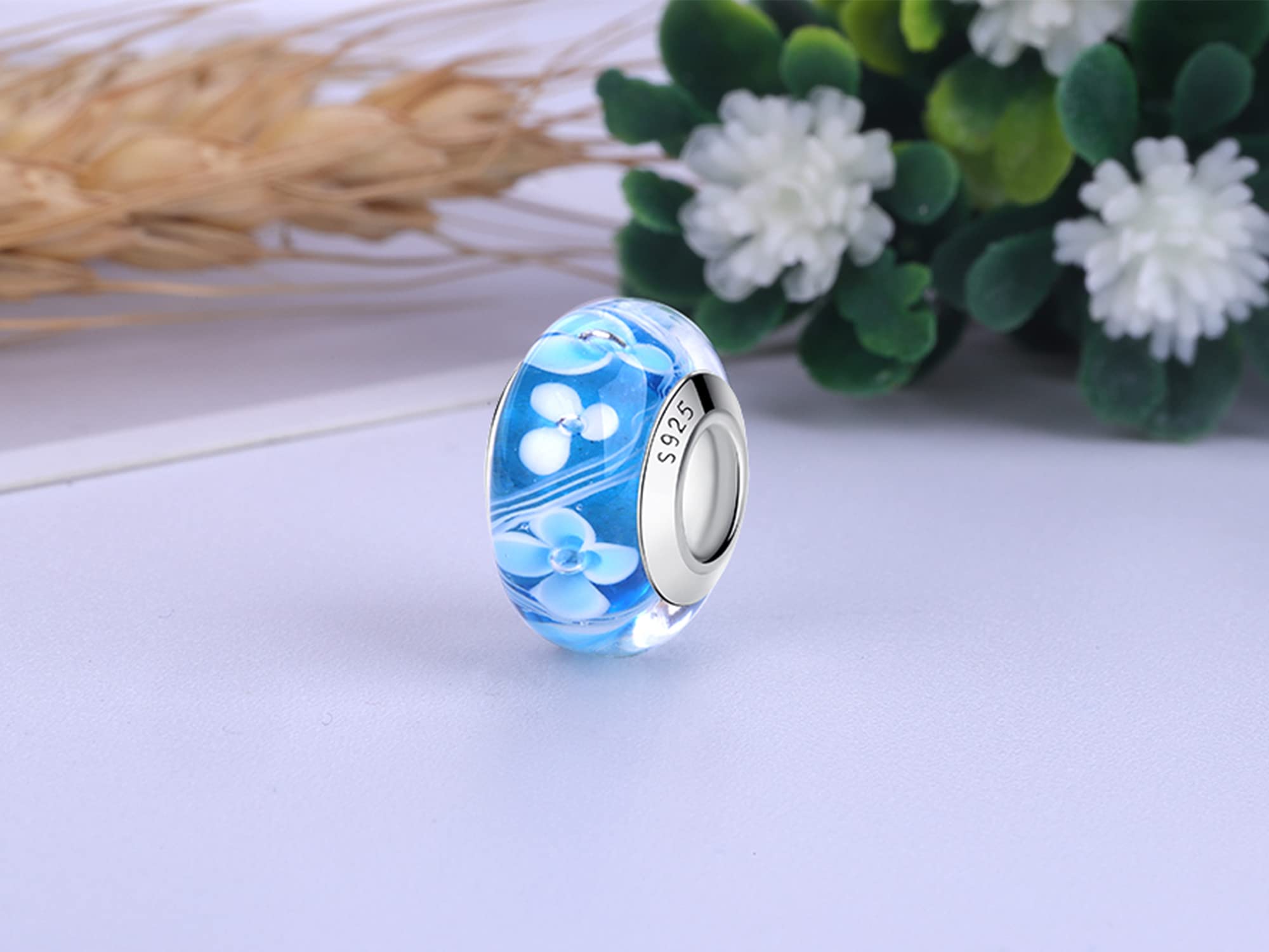 Charm en Cristal de Murano, Colgante Transparente para Pulsera y Cadena para Mujer, Flor Charms de Plata 925%,Abalorio Compatible Pandora Gnoce y Trollbeads