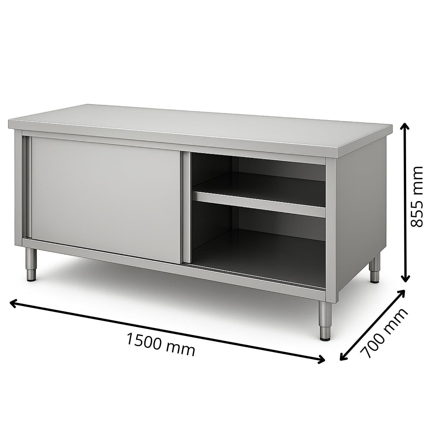 Générique Meuble Neutre INOX Central – Longueur 1500 mm – Profondeur 700 mm – Portes coulissantes – Cuisine Professionnelle