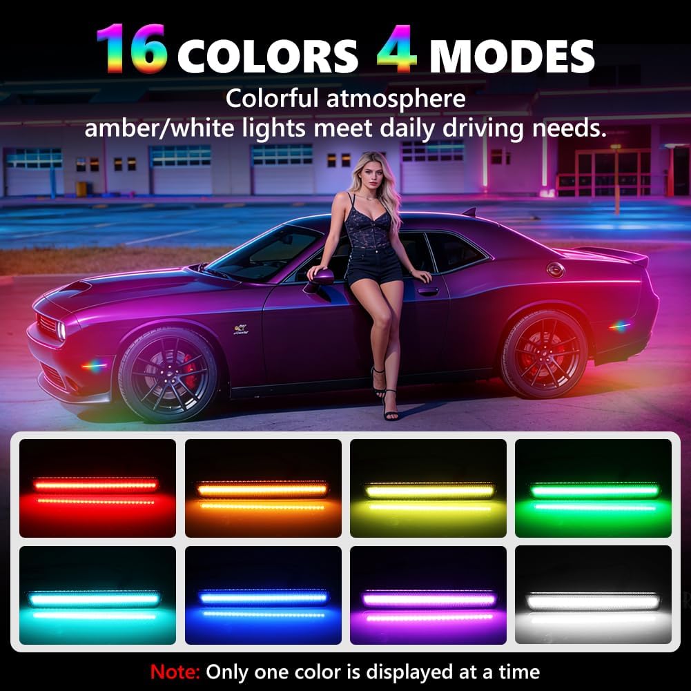 Full LED RGB Side Marker Lights for Dodge Challenger 2015-2023, [4 Modes 16 Colors] Multicolored RGB Marker Lamps, Front & Rear Smoked Lens Bumper Assembly with 24-Key Remote, 4PCS