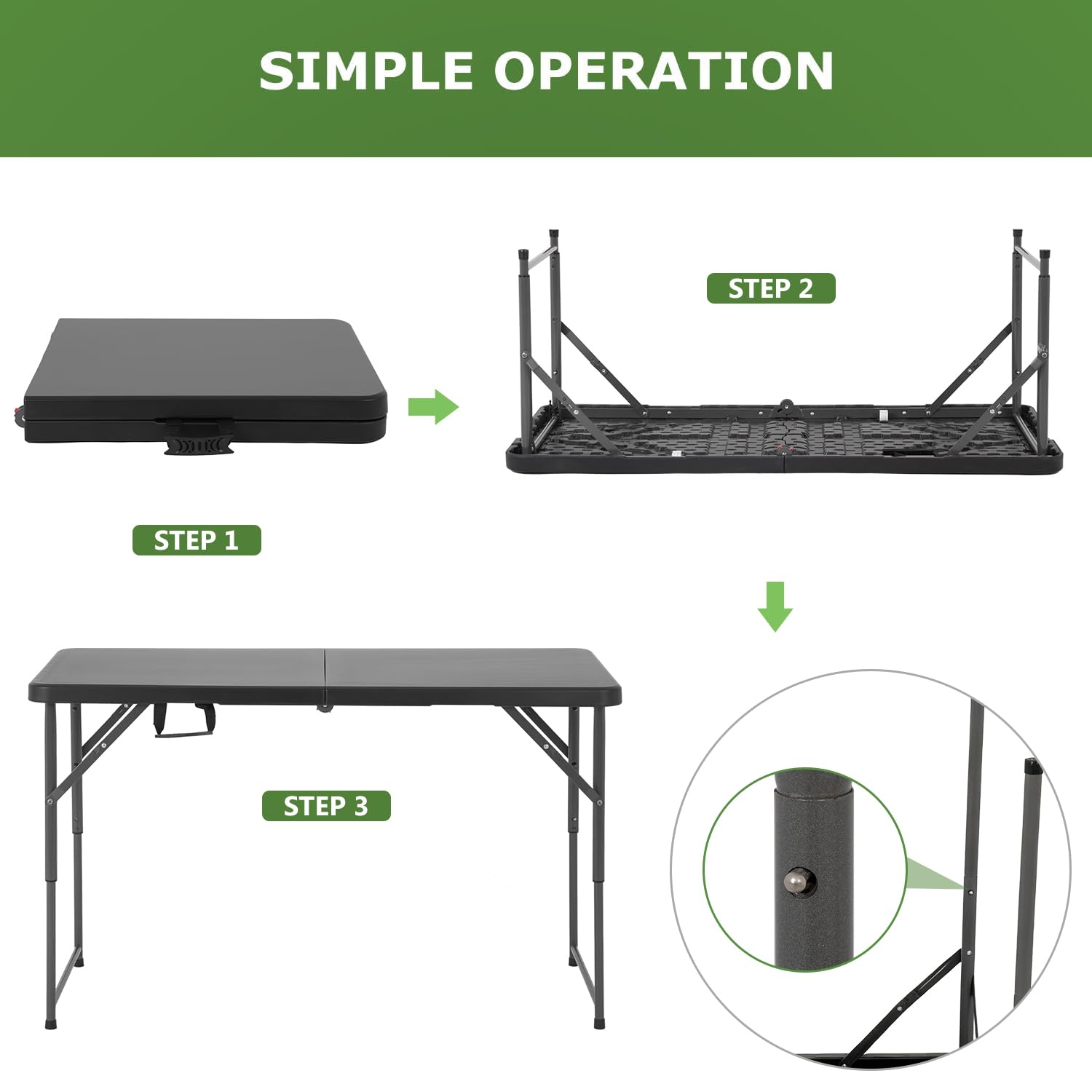 BestOffice 4 FT Picnic Table Folding Table Camping Plastic Table Fold Up Table Lock for Party Event, Black — view 5