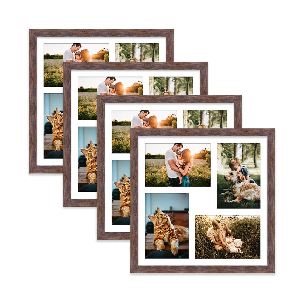 Walnut Multi Photo Frame - Holds 4 x 6x4 Pictures, Family Collage Picture Frame for Wall Display, 12x12 Frame size, Set of 4