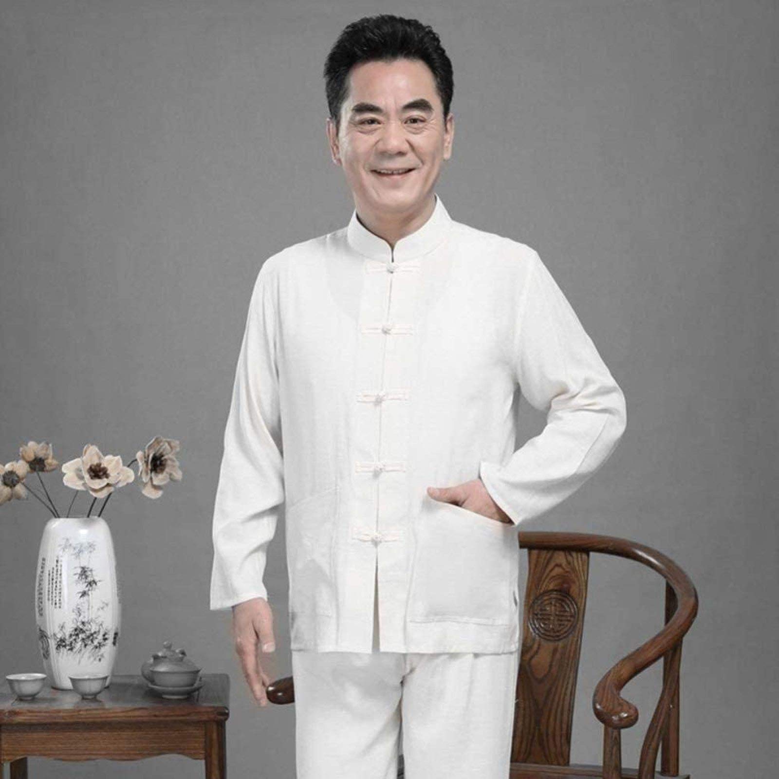 Tai Chi Uniform Men, Cotton Linen Tai Chi Set-dwa kawałki chiński tradycyjny strój tang sztuki walki koszule spodnie, biały-L
