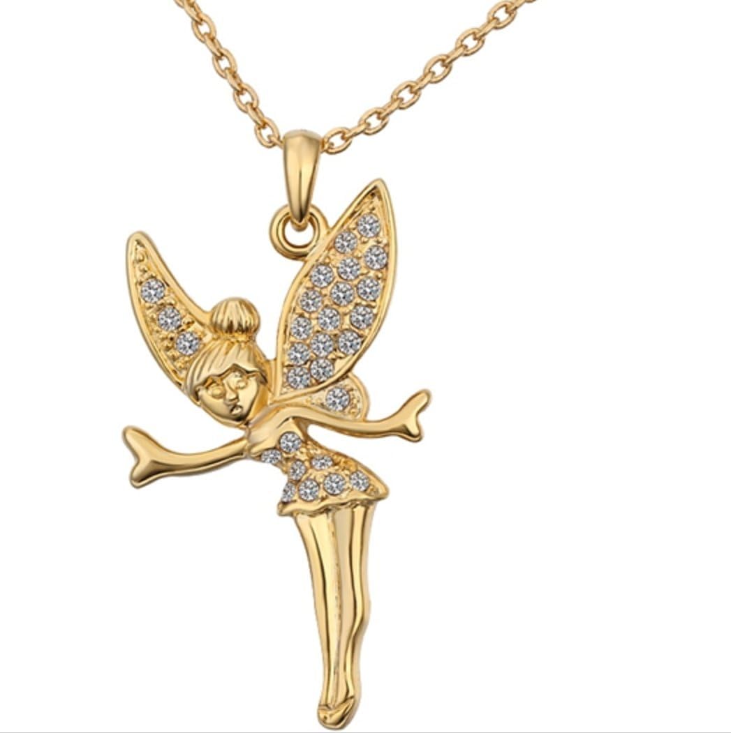Gold Fairy Necklace | 18K Gold Plated Pendant for Girls with dainty guardian angel crystal wings | Disney Tinkerbell Style | Comes in a box, makes a Perfect Gift