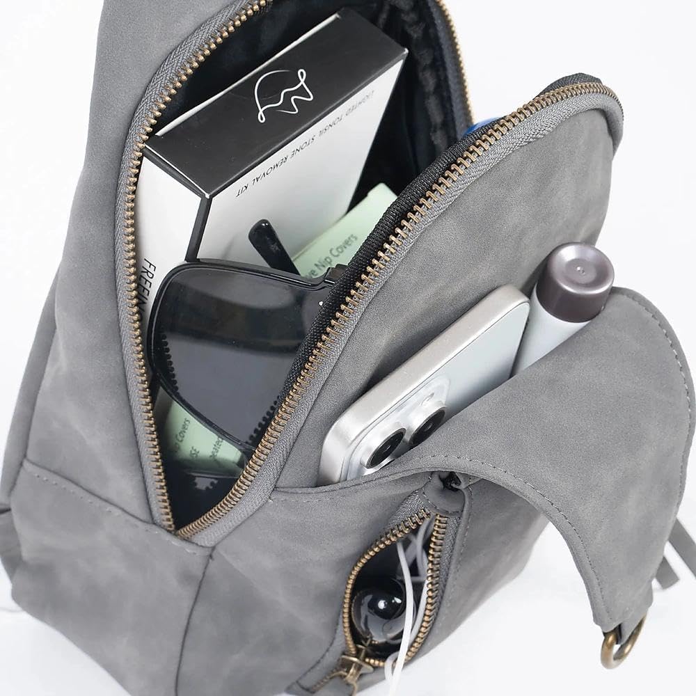FaroDor Women Small Crossbody Sling Bags PU Leather Suede Chest Bag Lightweight Small Backpack for Casual Traveling Multi-Pocket Packs (Grey) - Image 5