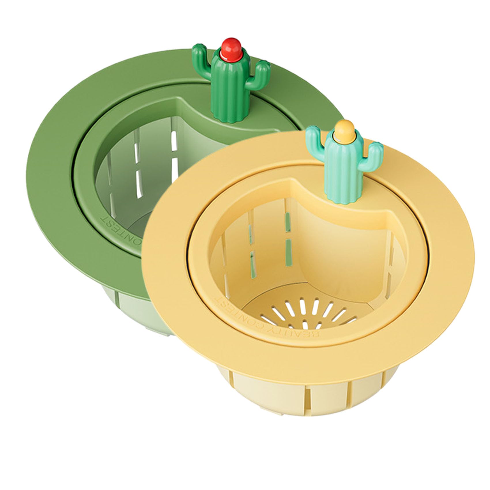 Cactus Sink Strainer Basket, Press-to-Dump Kitchen Sink Drain Strainer with Fast Drainage for Food Scraps, Vegetable Peels, Dishes and Bathroom Sink Use (Yellow+Green)