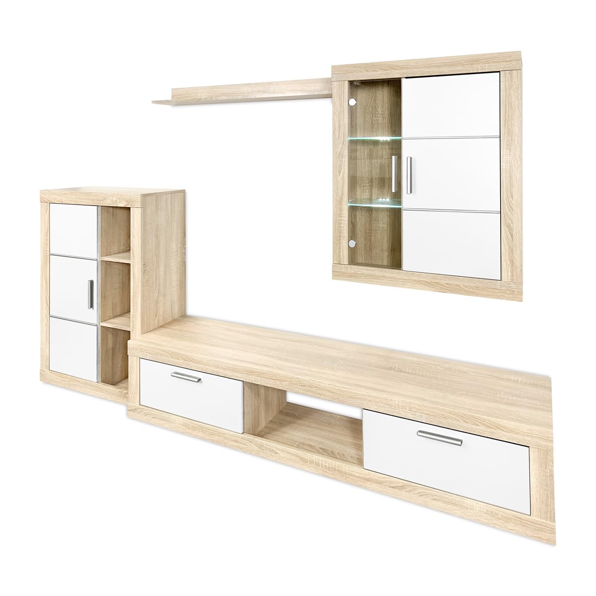 mattfy - Mueble de Salón Moderno con Leds, Módulos de Comedor, Modelo Gitta, Acabado en Blanco y Cambria, Medidas: 259 cm (Ancho) x 132,5 cm (Alto) 40 cm (Fondo)