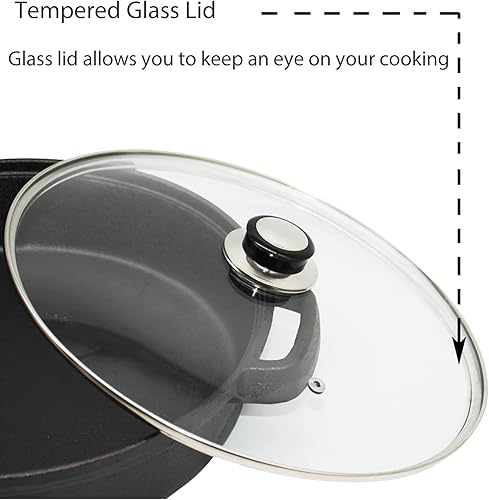 Miniatura 3 de Sartén de hierro fundido con tapa de vidrio templado, sartén profunda de hierro fundido de doble mango de 12 pulgadas con tapa para cocina y
