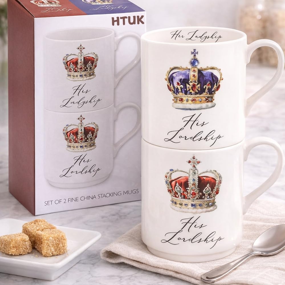 HTUK His & Hers Stacking Mugs Set of 2 (275ml) – His Lordship & Her Ladyship Fine China Coffee & Tea Cups | Matching Drinkware Gift for Couples, Men & Women