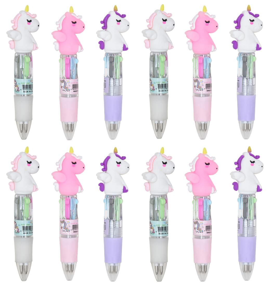 Ranvi 12 PCS Retractable Ballpoint Pen Cute Unicorn 4 in 1 Retractable Multicolor Ballpoint Pens for Office School Household Supplies(Unicorn with wings)