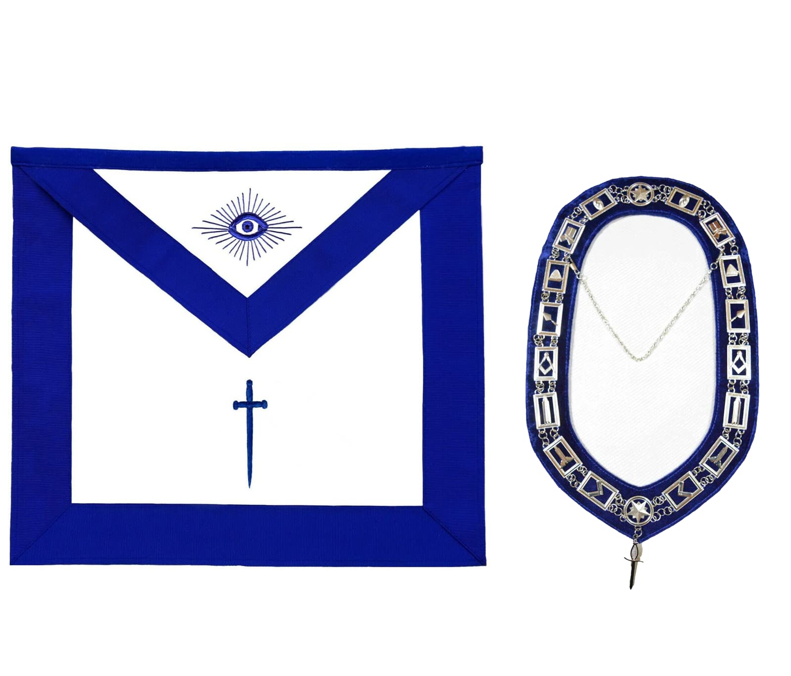 MASONIC REGALIA BLUE LODGE OFFICER TYLER APRON SILVER CHAIN COLLAR AND JEWEL