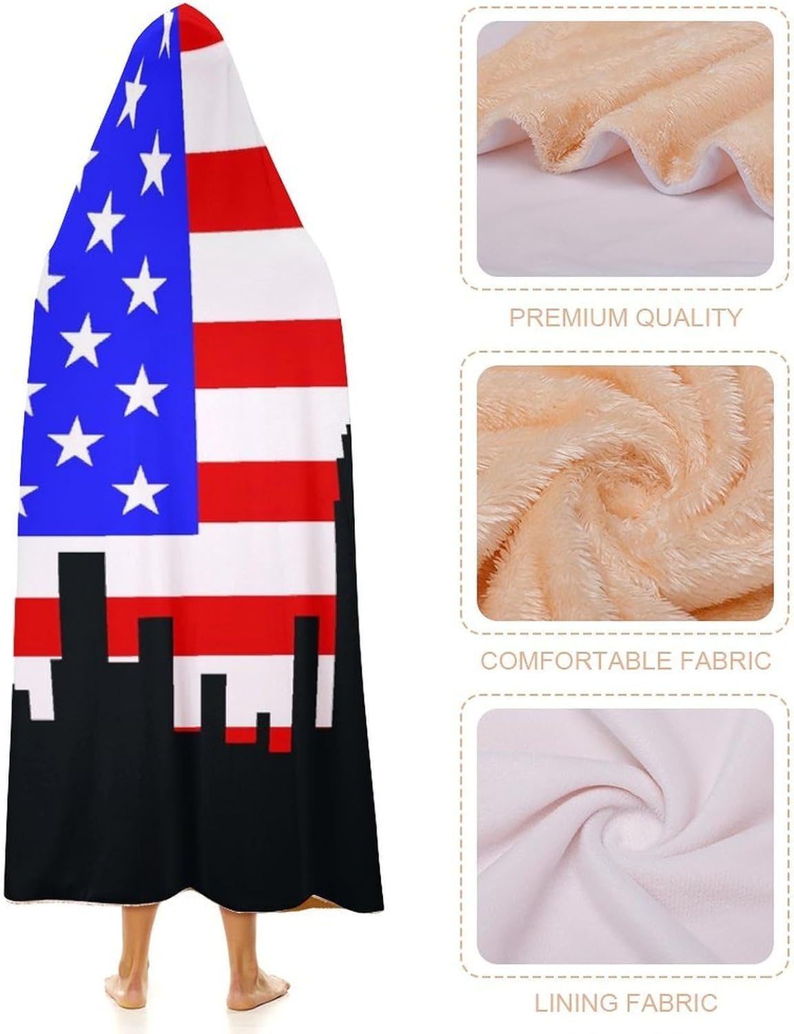 U.S.A New York Skyline Flag Fashion Wearable Blanket Hoodie Fleece Throw Cloak Robe Unisex