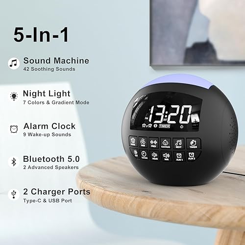 Miniatura 9 de Máquina de ruido blanco de 42 sonidos para niños y adultos y bebés + Bluetooth + luz nocturna, sonidos calmantes de canción de cunanaturaleza, 2