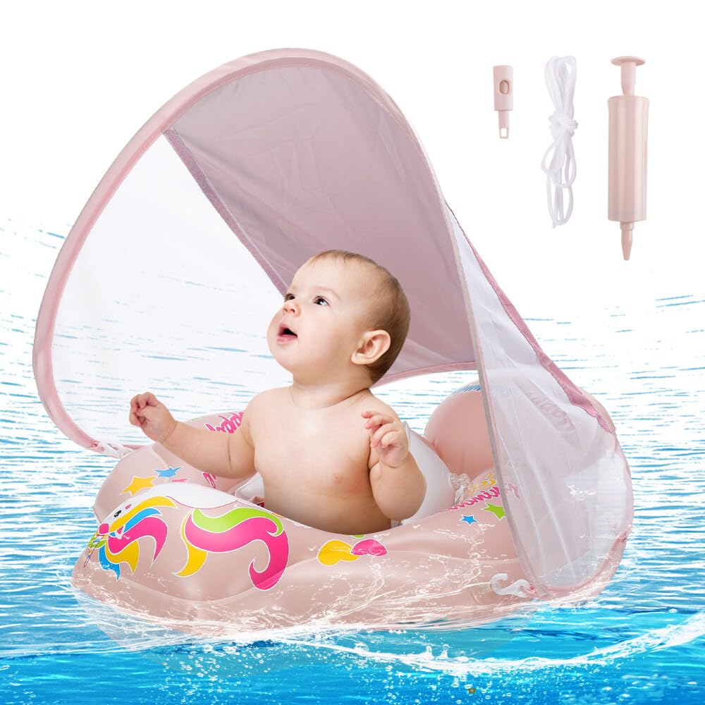 KUWUNG Flotador Bebe, Flotador Bebé con Parasol Extraíble, Flotador Natación Bebe con Sombrilla Piscina, Flotador Hinchable con Flotador Antivuelco para Niños Pequeños