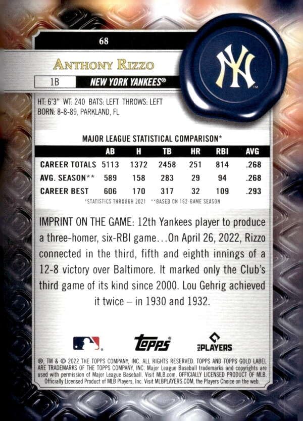 Miniatura 2 de 2022 TOPPS GOLD LABEL CLASS 1#68 ANTHONY RIZZO NEW YORK YANKEES BASEBALL OFFICIAL TRADING CARD OF MLB