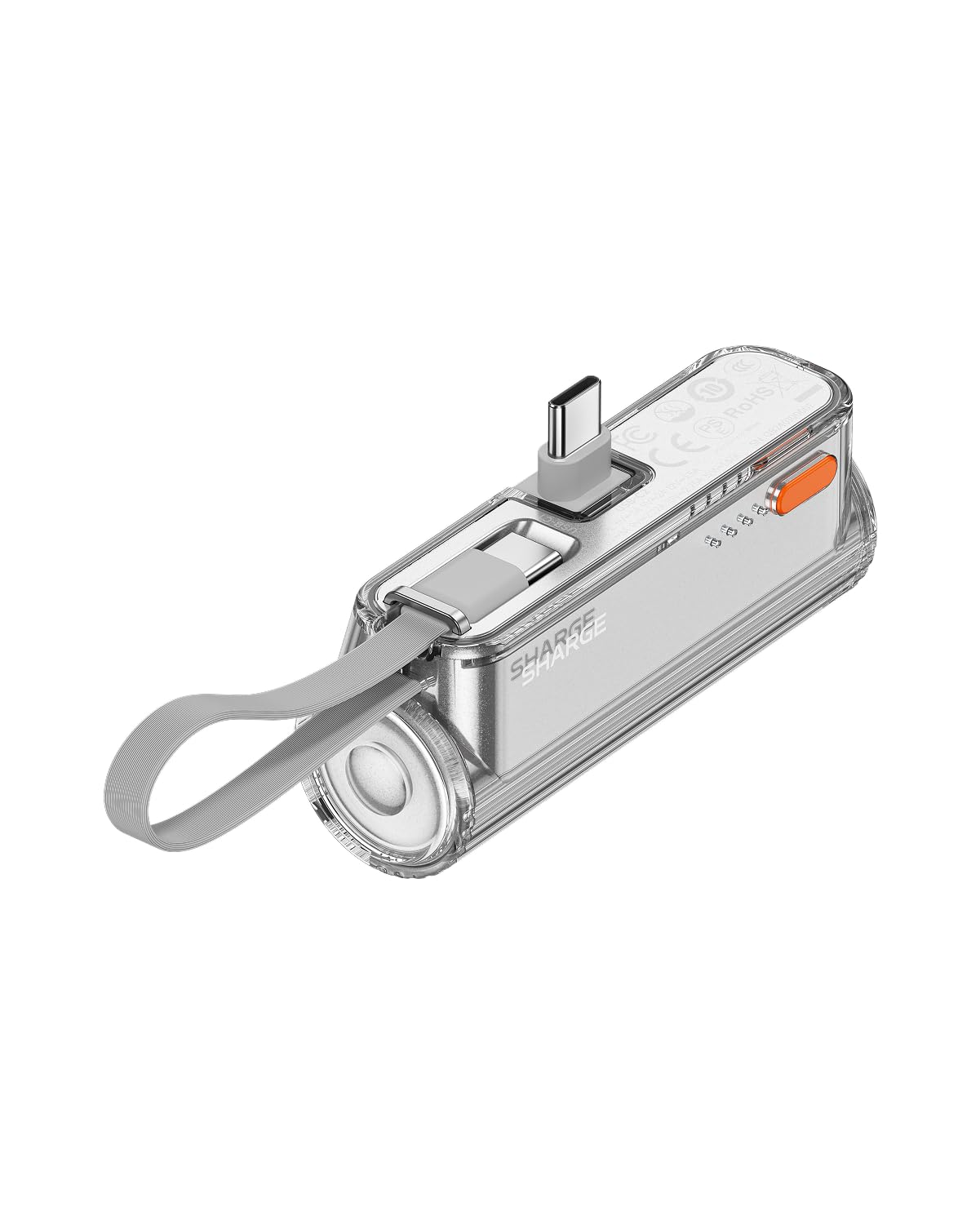 SHARGE Flow Mini 2 Powerbank, Tragbares Ladegerät 22,5W PD-Schnellladen mit Doppelstecker und integriertem Kabel, 5000mAh Kompaktakku mit USB-C & Lightning für iPhone 17/16/15/14, Galaxy S25