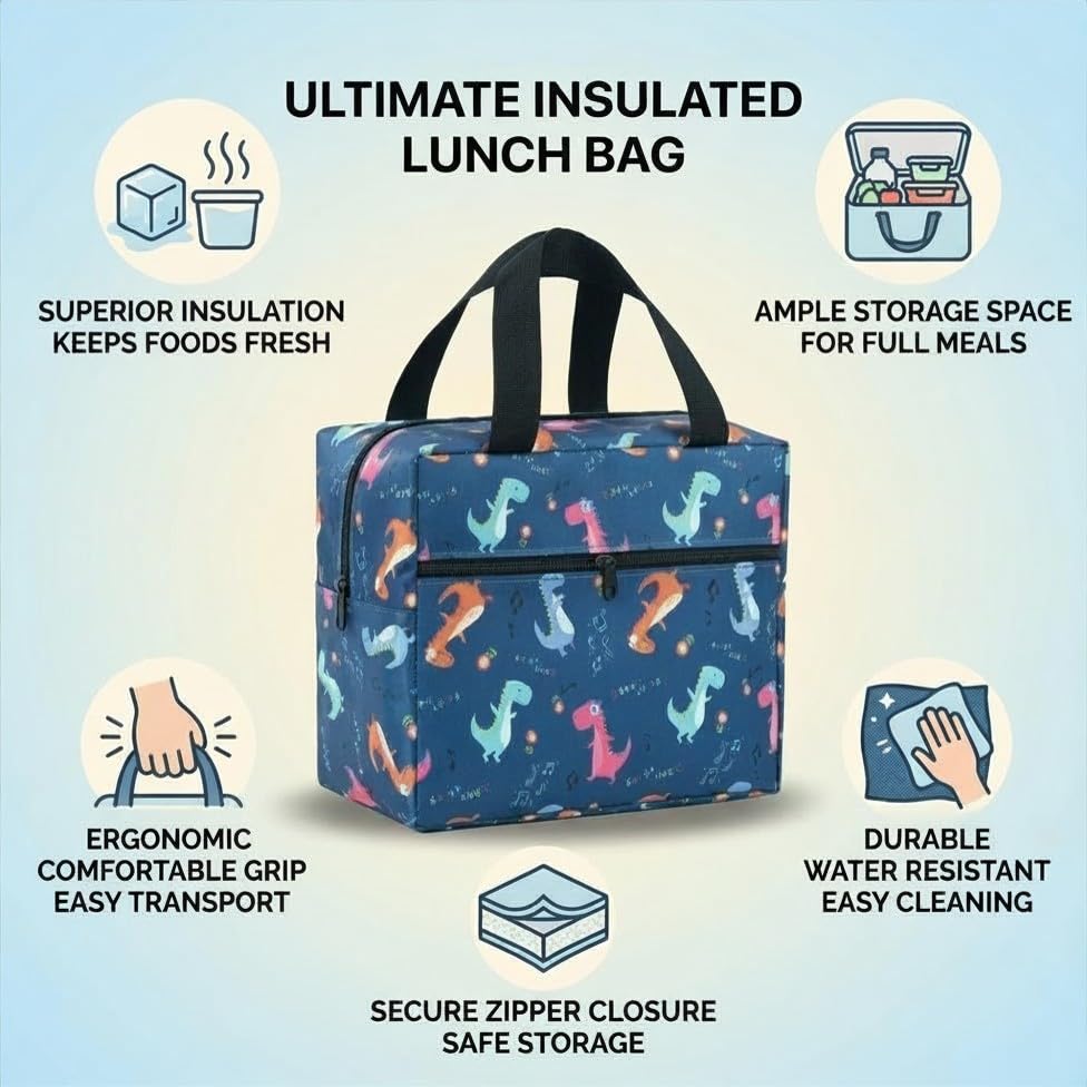 Image of Toy Imagine 5.6L Insulated Lunch Bag for Kids School Cute Cartoon Print Tiffin Bag Snack Tote Bag Compact Portable Leak Proof Tiffin Pouch Hot and Cold Lunch Box Bag for Boys & Girls (Dinosaur Design Blue)