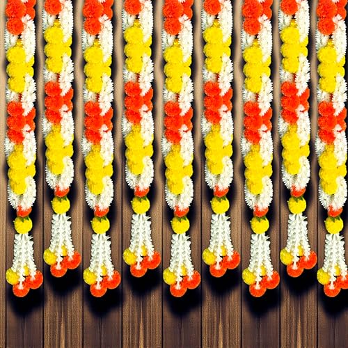 Image of iHandikart Artificial Infinity Shaped Marigold Garland for Home Decor | Pack of 2,52 Inch| Orange-Yellow Floral Garland for House Warming, Festive Decor, Wedding & Entrance Door Decoration itmes.