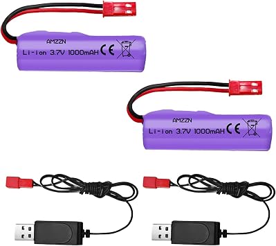 2PCS 3.7V 1000mAh Li-ion Battery with JST-2P Plug and USB for Huina 1337 1338 1516 1517 Remote Control Engineering Vehicle, RC Toy Car Battery Accessories 2PCS Battery+2 USB