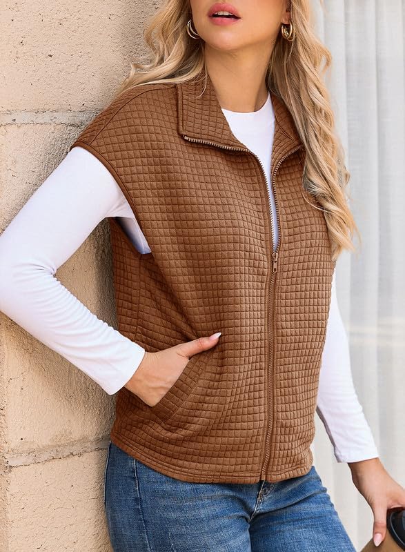 Dokotoo Womens Vest Tops 2026 Zipper Up Cap Sleeve Side Pockets Waffle Knit Sleeveless Oversized Vests - Image 5