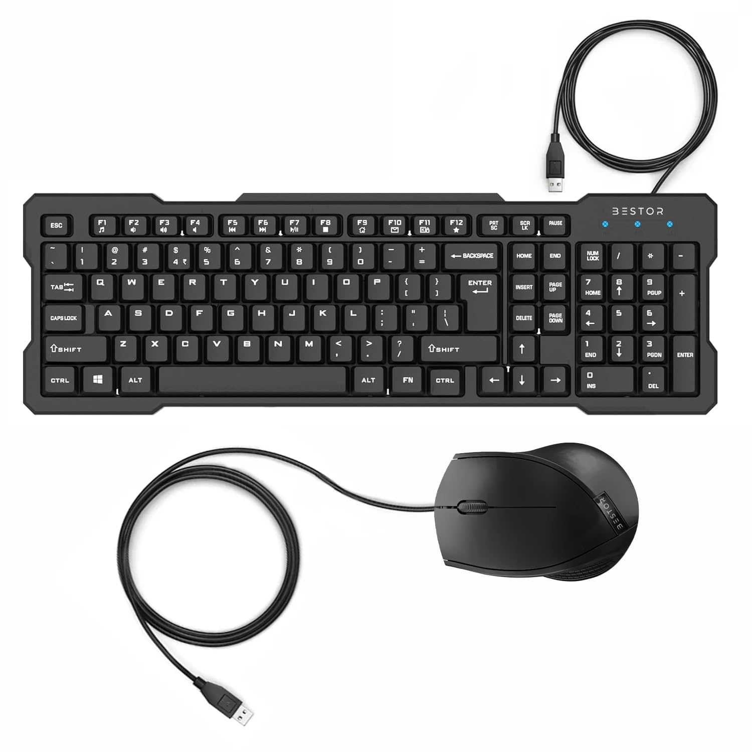Bestor Wired Keyboard and Wired Mouse Combo, USB Wired Full Size Keyboard and Mouse Set with Optical 3 Button Mouse, USB Plug-and-Play, Compatible with Desktop, Laptop, (Black, 1600 DPI)