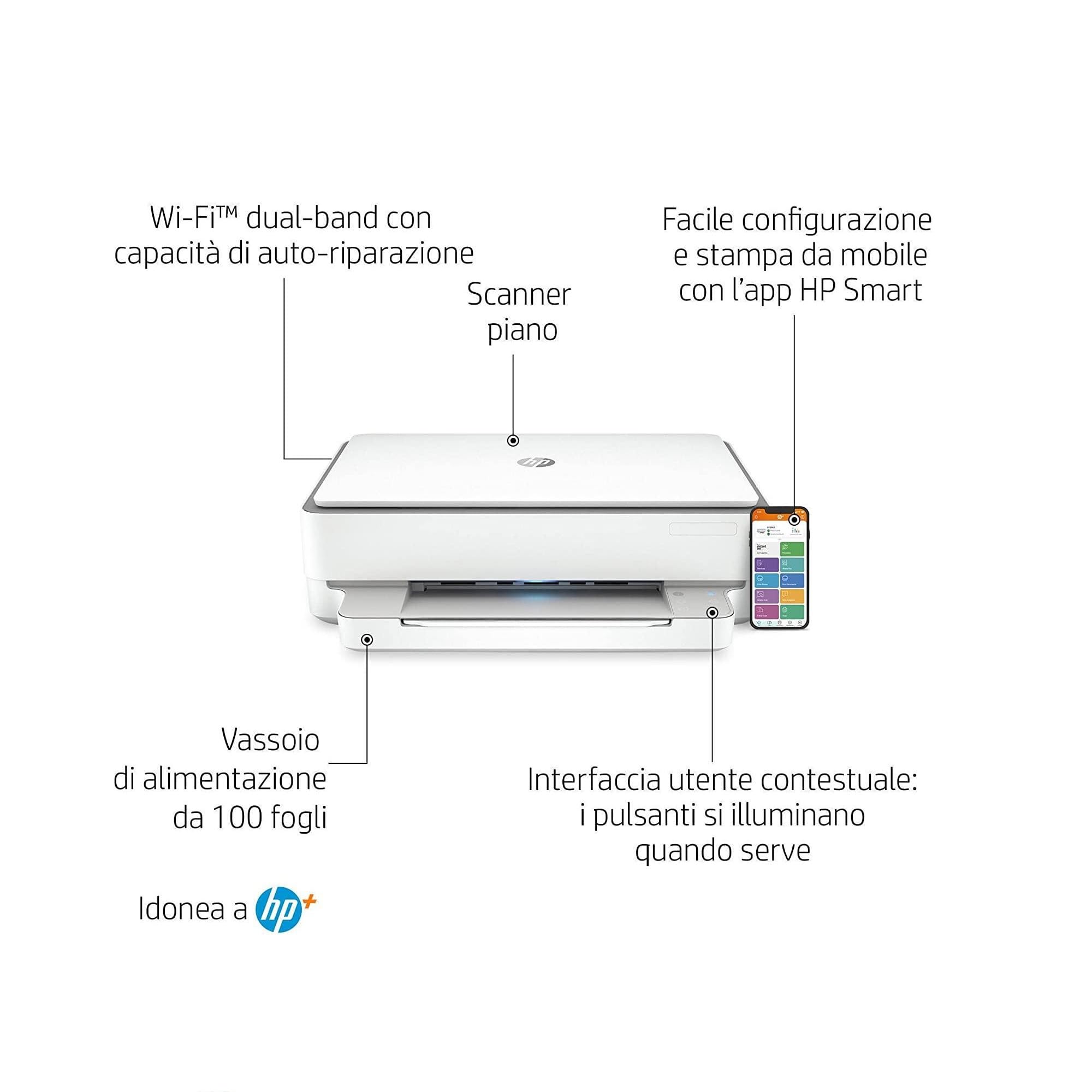 HP Envy 6022e All-in-One, Stampante Fotografica Multifunzione A4, 6 mesi di Instant Ink inclusi con HP+