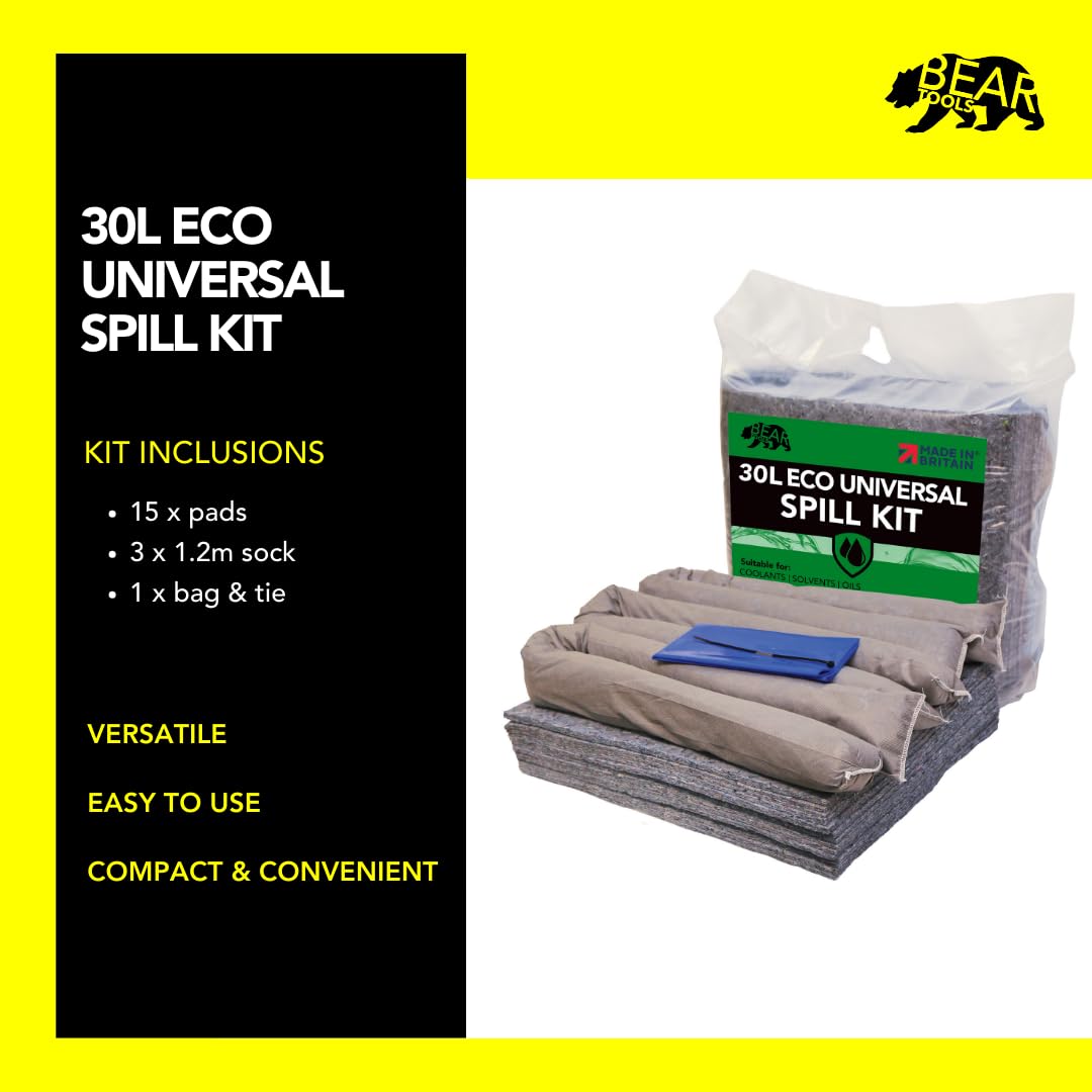 BearTOOLS Kit de control de derrames ecológico de 30 litros, respetuoso con el medio ambiente, 85 % fibras naturales recicladas, reduce la huella de carbono, solución absorbente sostenible, aceites,