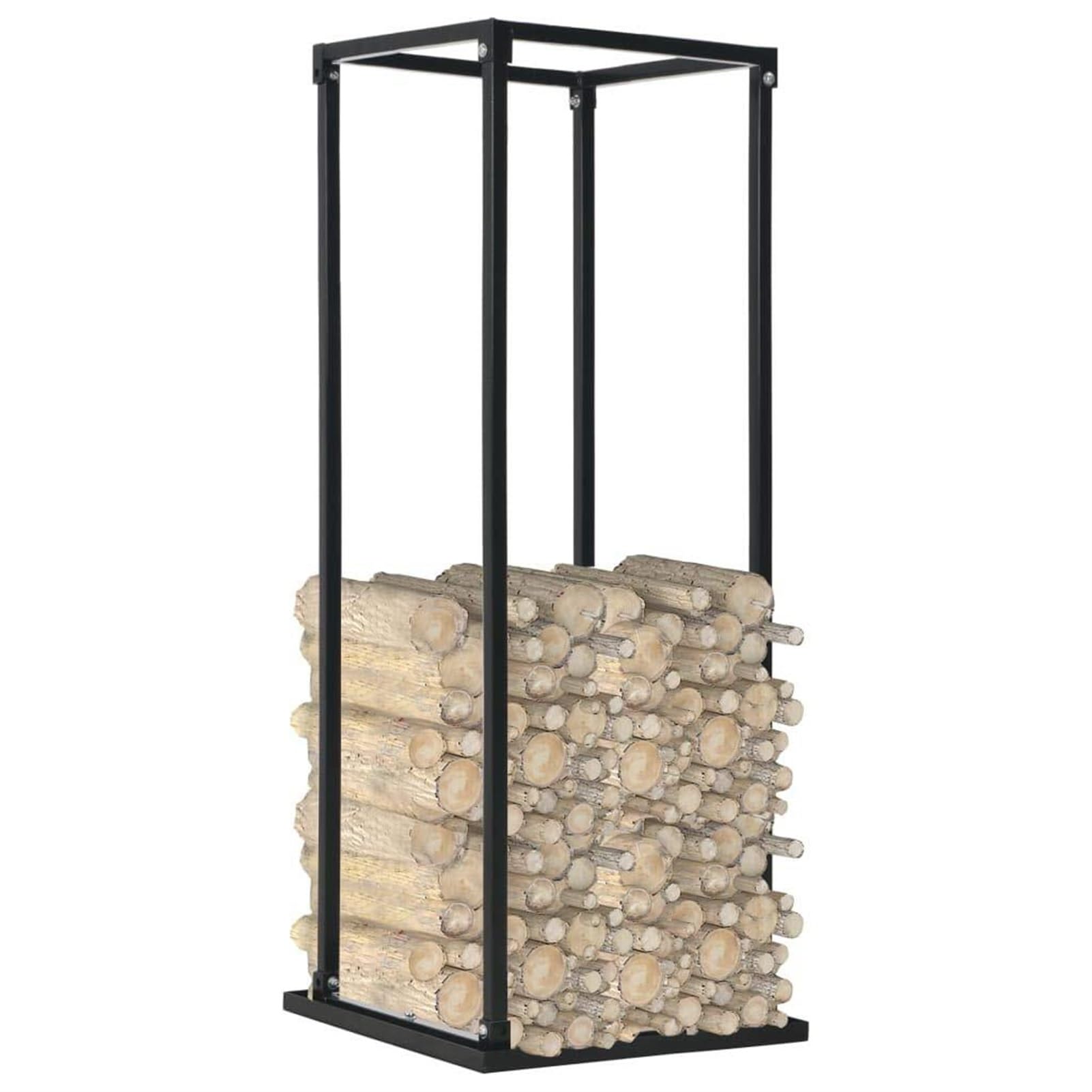 Portalegna con base nera 37x37x113 cm in acciaio, portalegna, scaffale portalegna, portalegna in metallo con ventilazione for esterni o interni, set portalegna