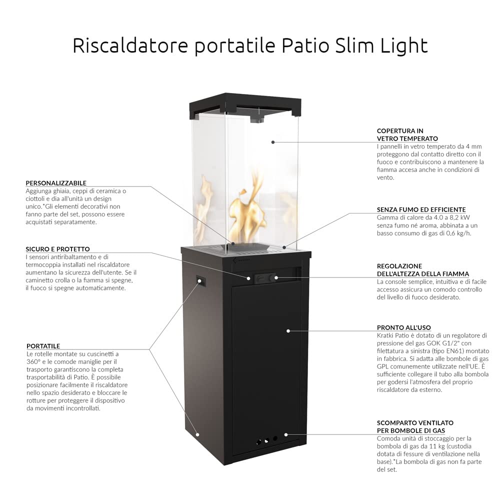 KRATKI Patio Light Riscaldatore a Gas Portatile 8,2 kW - Alimentato a Propano Butano G30/30mbar - Efficiente Riscaldatore per Esterni - Vero Braciere Senza Fumo - Facile Controllo - Nero