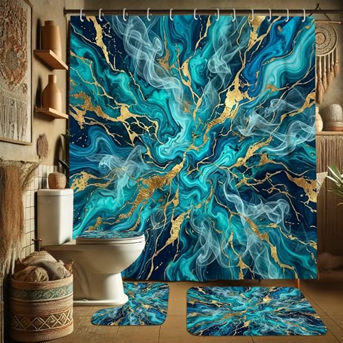 Ensemble de rideaux de douche en polyester abstrait avec tapis de bain - 4