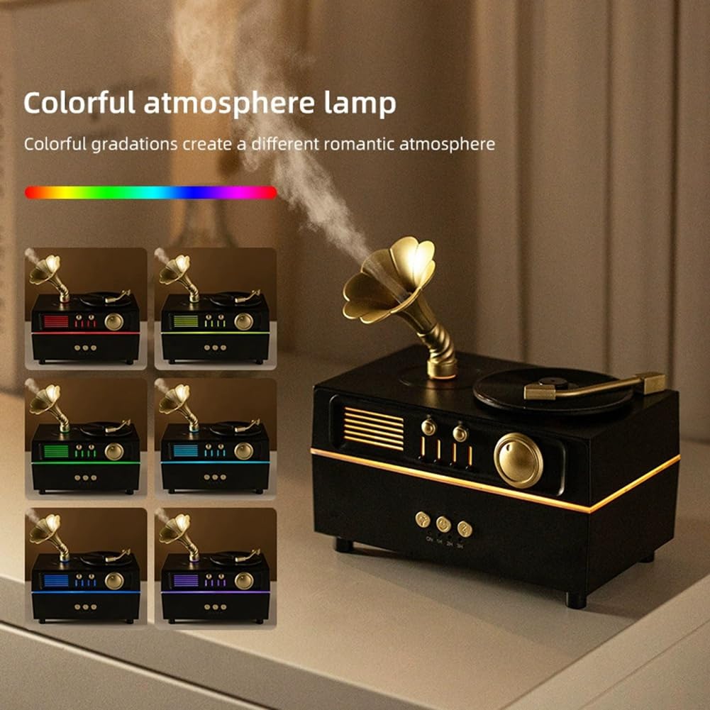 Humidificador Difusor de Aroma con Gramófono Retro Giratorio con Altavoz Bluetooth para Decoración del Hogar y la Oficina.