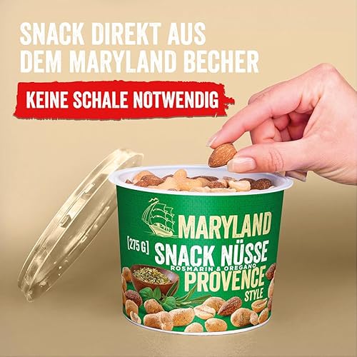Maryland Snack Nüsse Provence 275g Becher – Mediterran gewürzte Nussmischung mit gerösteten Erdnüssen, Cashewkernen und Mandeln – Würze aus Rosmarin & Oregano (1 x 275g)