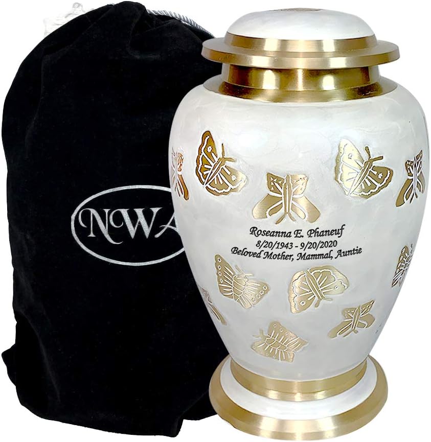 Butterfly Cremation Urn with Personalization, Pearl White and Gold Adult Human Cremation Urn with Matching Keepsake and Velvet Bags