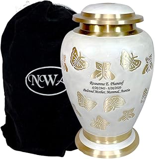 Butterfly Cremation Urn with Personalization, Pearl White and Gold Adult Human Cremation Urn with Velvet Bag