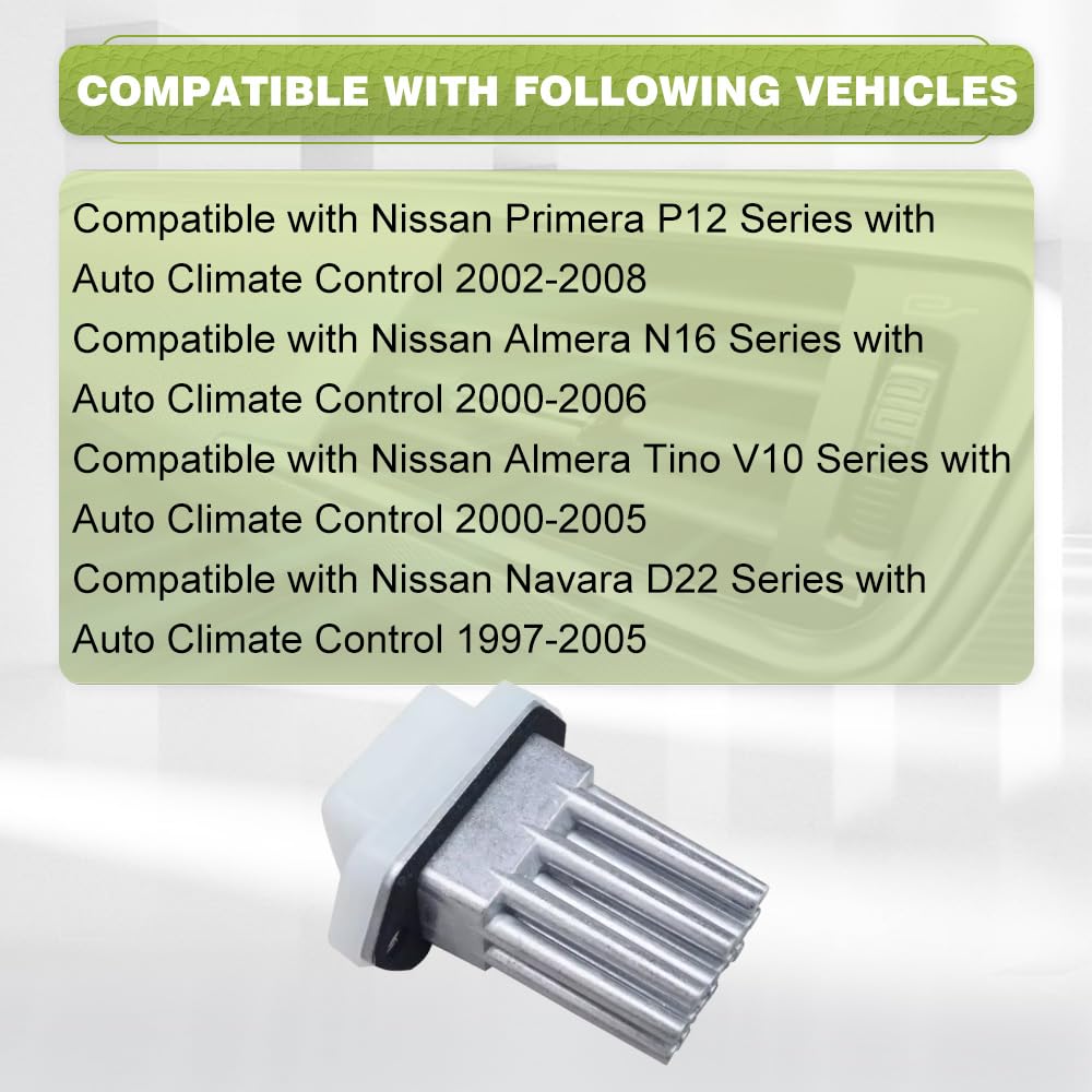 1 resistencia de motor de ventilador HVAC de 3 pines compatible con Nissan Primera P12 Almera N16 Almera Tino V10 Navara D22 Series con control de clima automático