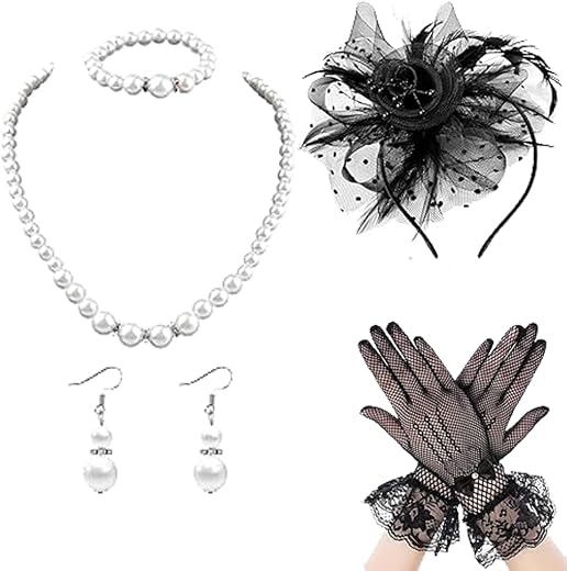 PATPAT® Lace Fascinator Tea Party Hats for Women with Pearl Necklace &amp; Earrings, Lace Sheer Hand Gloves, Banquet Party Acc...