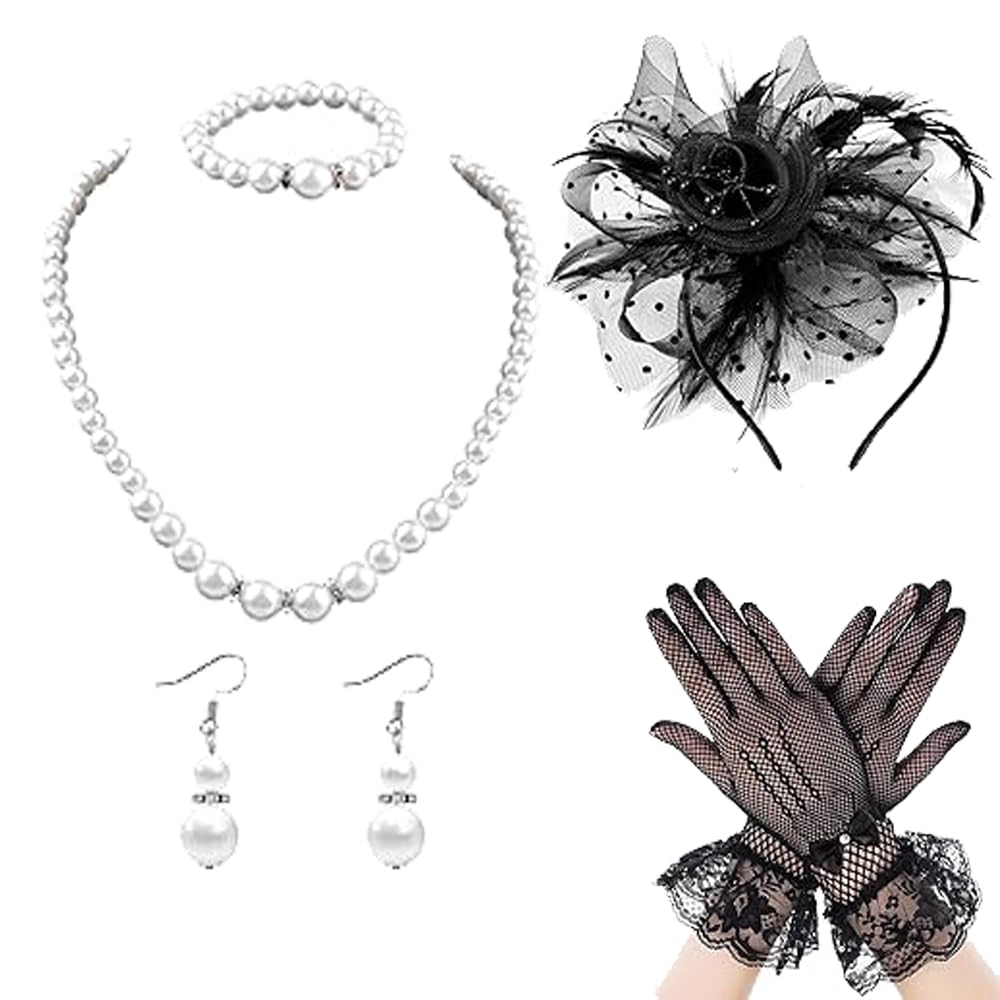 PATPAT® Lace Fascinator Tea Party Hats for Women with Pearl Necklace & Earrings, Lace Sheer Hand Gloves, Banquet Party Acc... - Review, Price and Buying Guide
