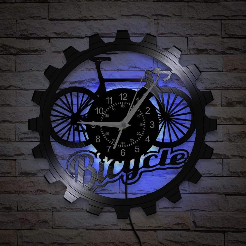 12 Inch Bicycle Wall Clock 7 Color Changing, Bike Cycling LED Wall Clock Night Light Silent Non Ticking Battery Operated Modern Decorative Wall Watch Clock for Boys Room Bike Shop Bikers Gift