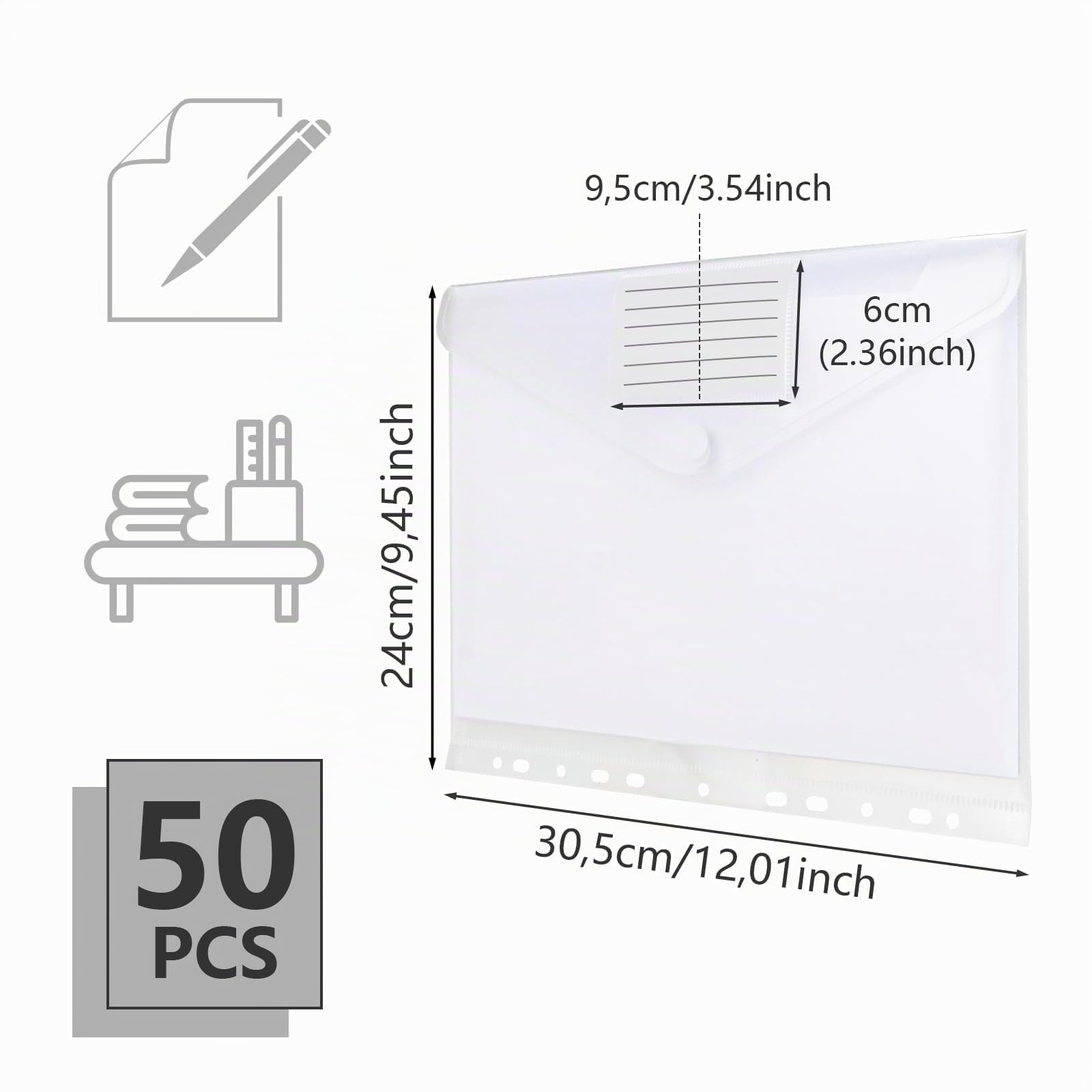 YOUNTHYE 50 Fundas de Plástico A4 Perforadas, Bolsas Transparentes para Documentos con Cierre de Velcro y Etiqueta, 11 Agujeros para Archivador, Oficina, Escuela y Viajes