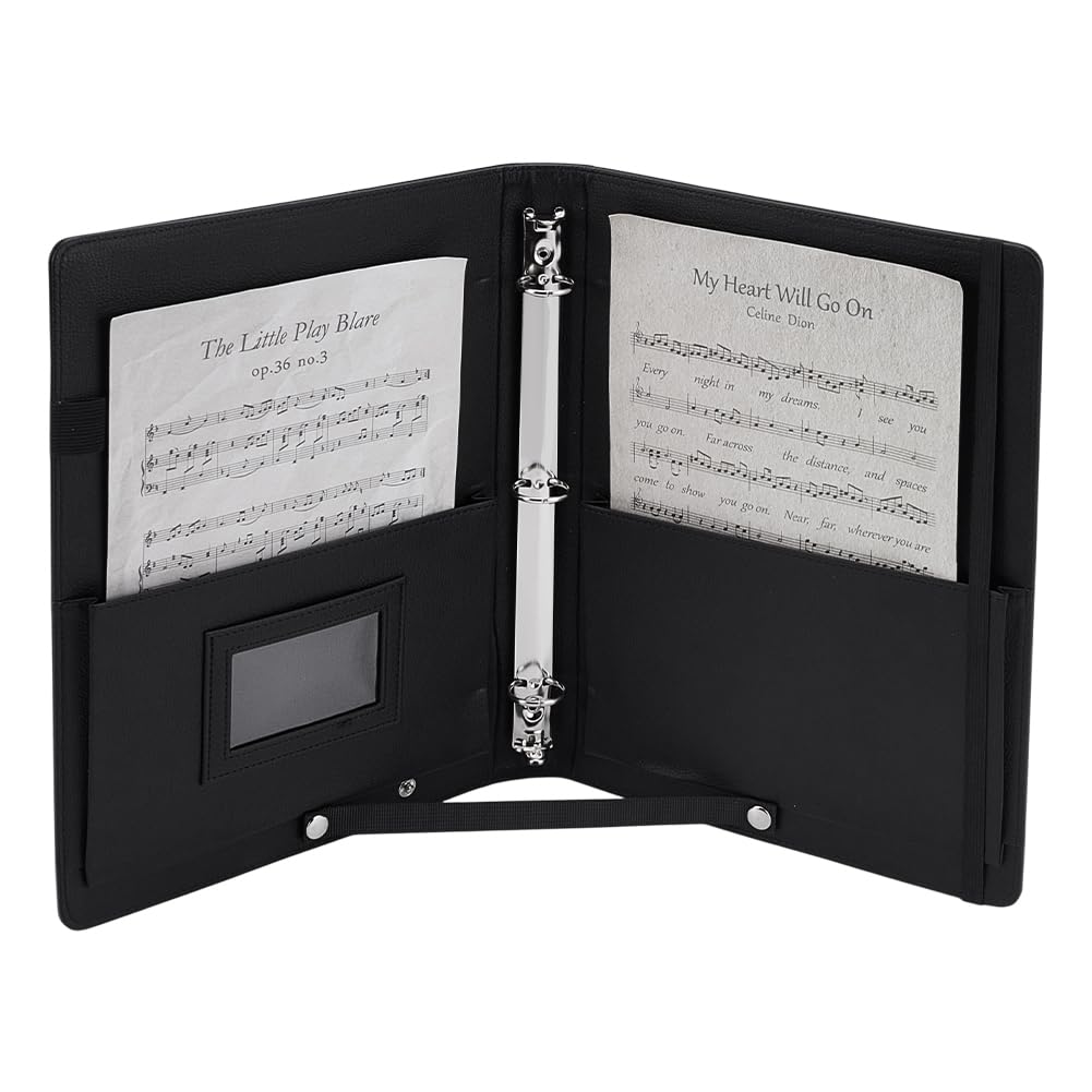 FINGERINSPIRE Classeur Partitions Musique Noir Cuir Pu Porte Partitions de Piano Classeur à 3 Anneaux Porte Partition Avec Bande Élastique et Poignée pour Piano Chorale Performance Musicale