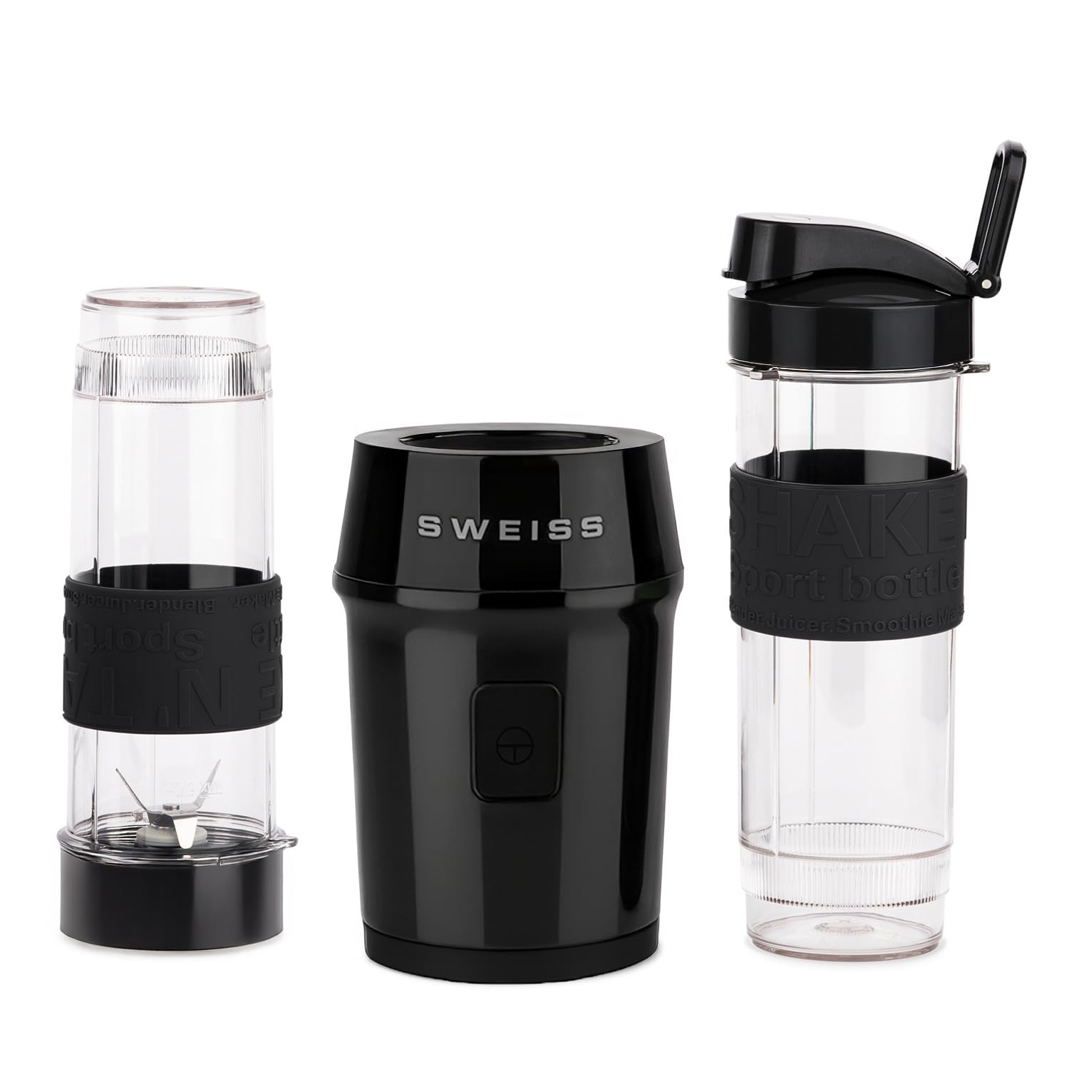SWEISS Mini Blender, Mixeur Portable, Smoothie MOOV9, 2 Gourdes de 570 ml avec Couvercles de Voyage, 4 Lames Inox, 300W, Compatible Lave-Vaisselle, Noir