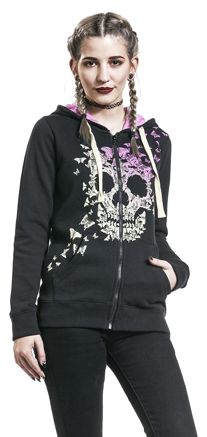 Full Volume by EMP Donna Giacca con Cappuccio Nero-Rosa con Stampa Teschio