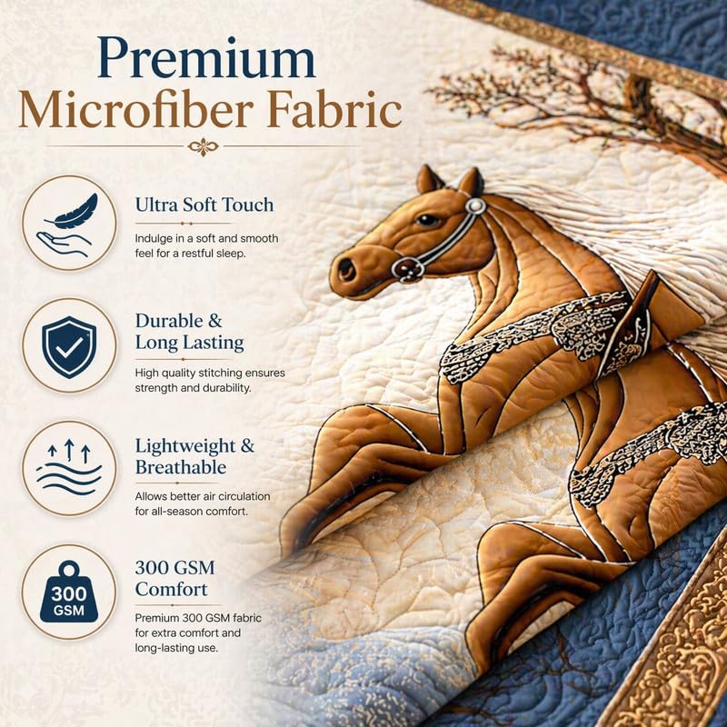 Image of Akshya Double Bedsheet King Size (90x100 Inch) with 2 Pillow Covers | 300 TC Microfiber Soft Bedsheet | Blue Horse Printed Designer Bedsheet for Double Bed