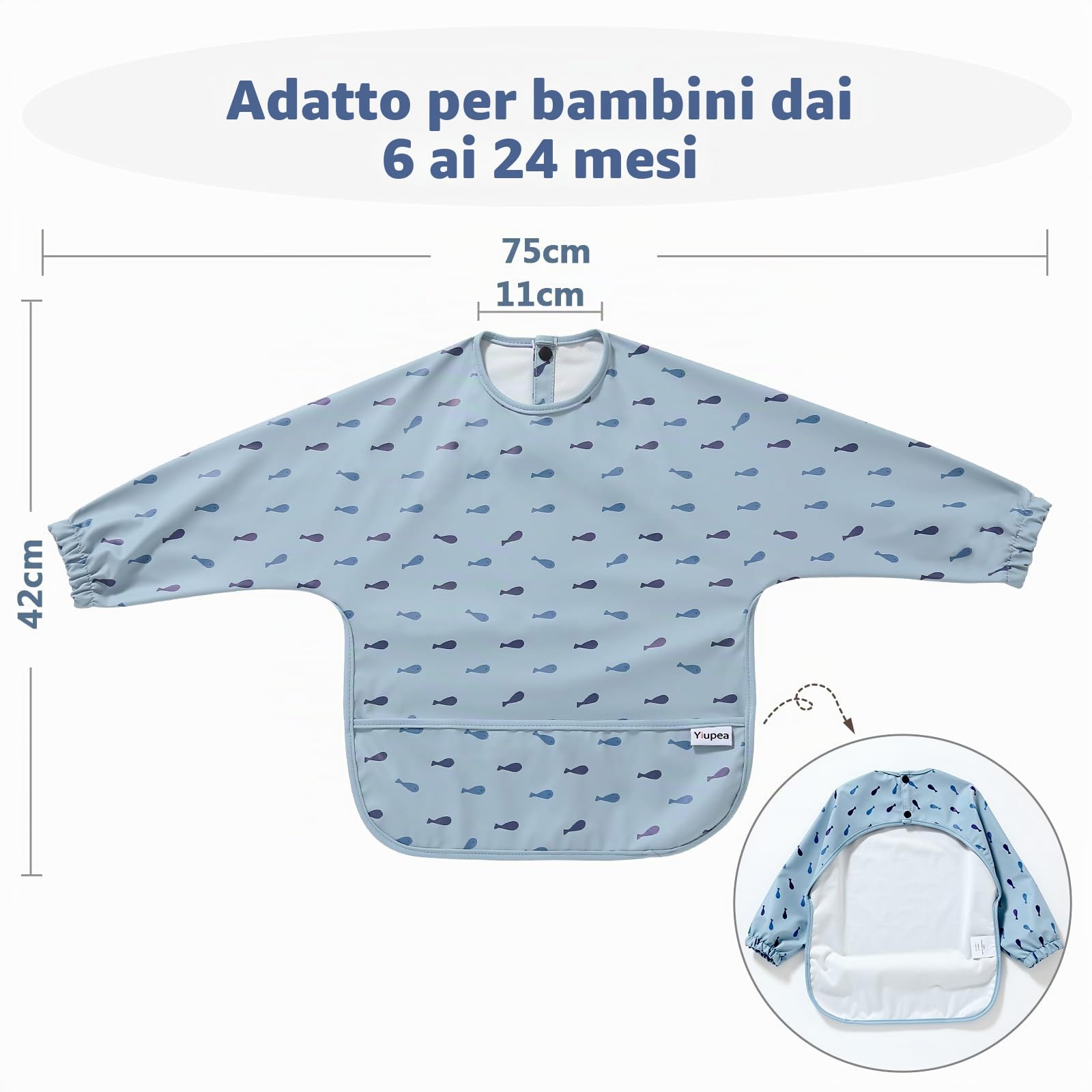 Bavaglino Anti-Mess a Manica Lunga Impermeabile Lavabile in Lavatrice per Svezzamento Bambino 6-24 Mesi