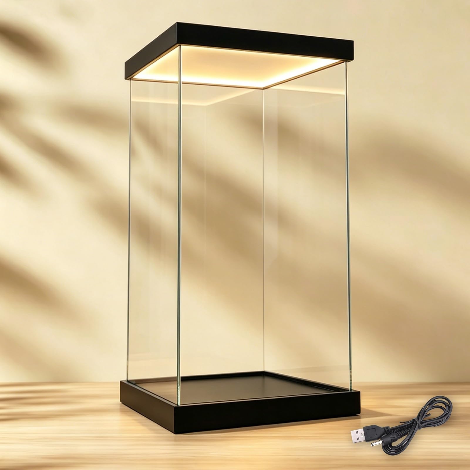 LED Light Acrylic Display Case with Wooden Base, 24 28 30 35in XX-Large Tall Clear Display Box, Dustproof Assembled Showcase Box for Collectibles(Black,50x50x75cm/20x20x30in)