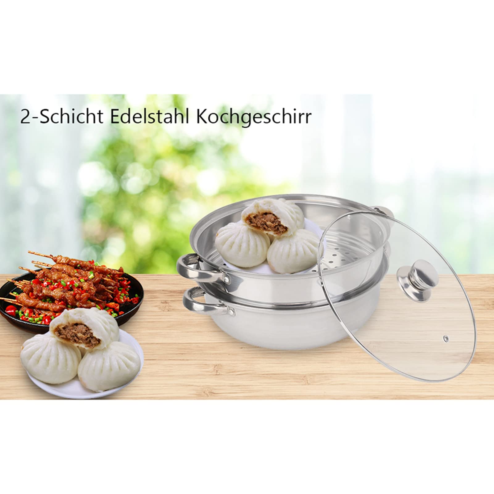 Pentola a vapore in acciaio inox, pentola a vapore a 2 strati con coperchio in vetro, pentola a doppia caldaia da 27 cm, in acciaio per uso alimentare con base riscaldante uniforme per cucinare