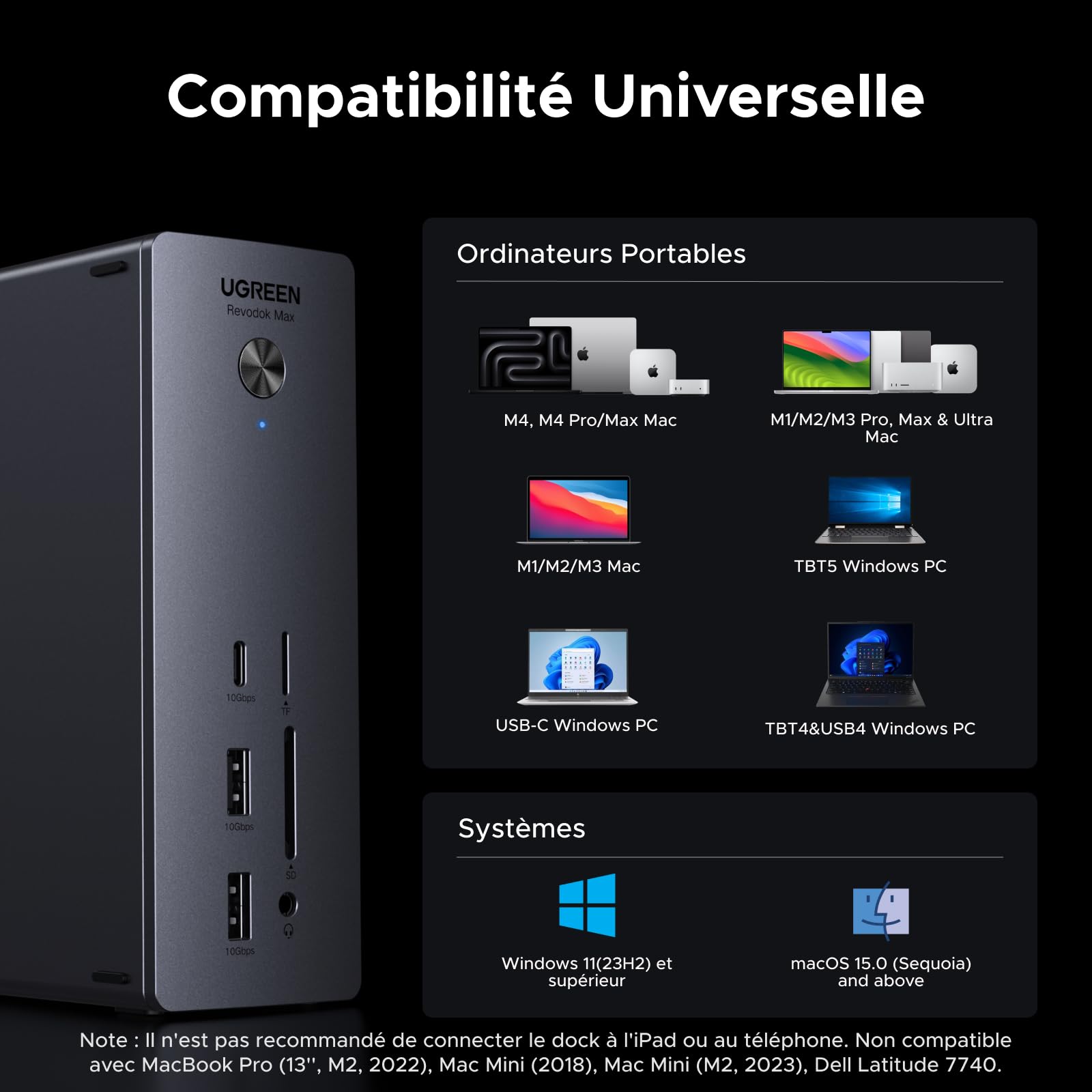 UGREEN Revodok Max 2131 Dock Thunderbolt 5 120Gbps Double Affichage 13 en 1 Docking Station d'accueil avec Plusieurs Thunderbolt 5 Multi USB 3.2 RJ45 2.5GbE SD TF 4.0 3.5mm Audio 140W Max Charge