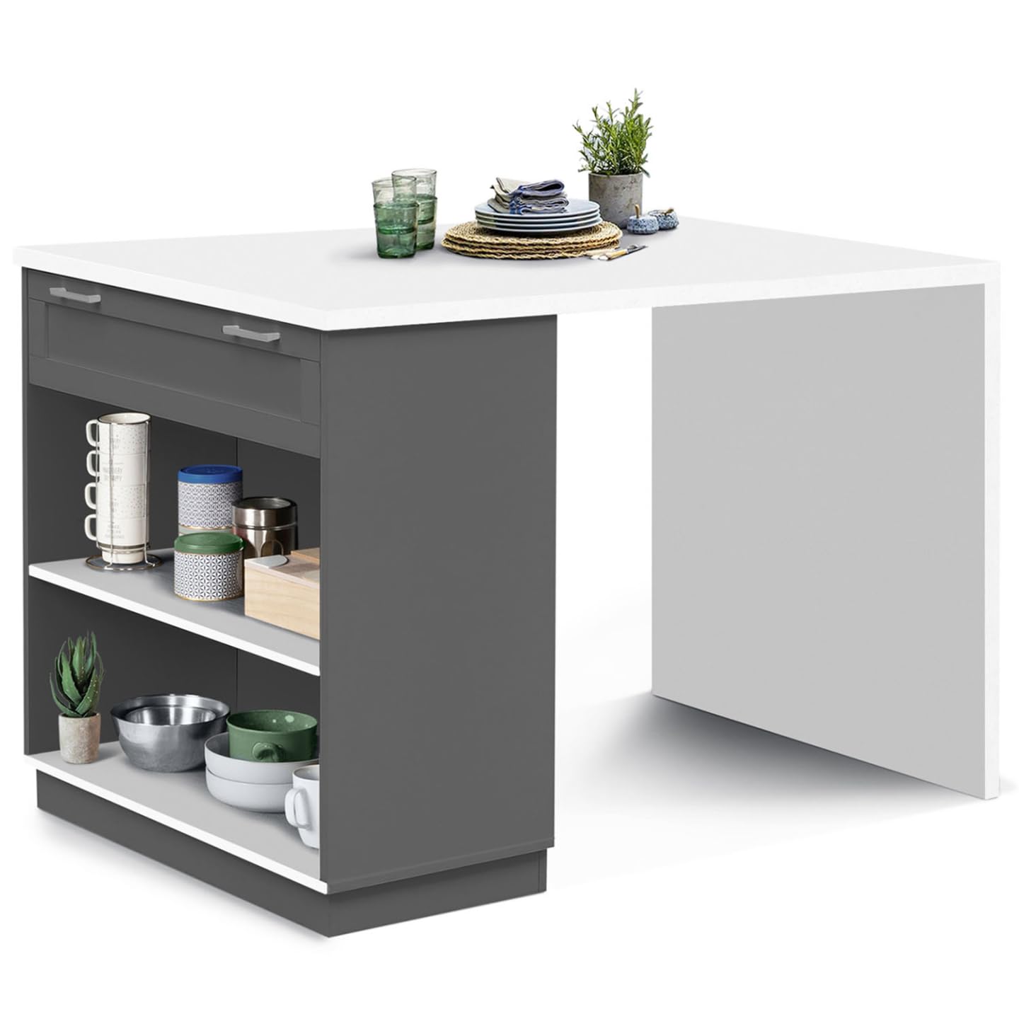 IDMarket - Ilot Central Mange-Debout 4 Personnes VITO 130 cm Gris et Plateau Blanc